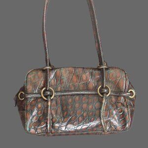 Rich Brown Embossed Leather Satchel Baguette
